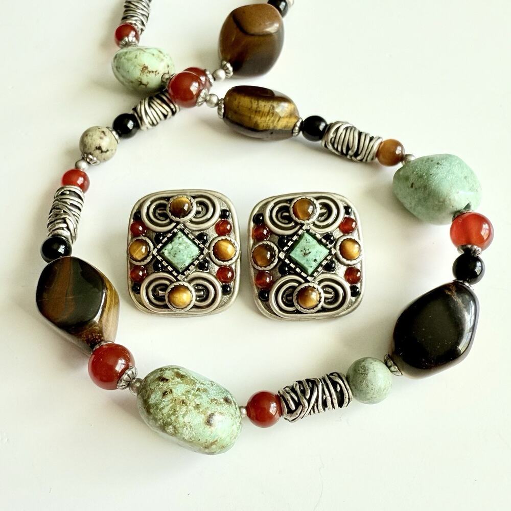 Michal Golan African Turquoise Carnelian Tiger Eye Necklace Clip Earring Set